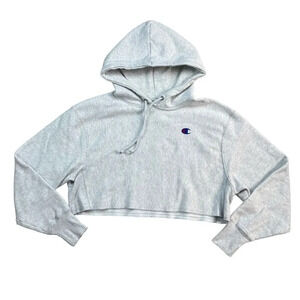 Champion Reverse Weave Cropped Cut Off Hooded Sweatshirt Light Gray Size Medium